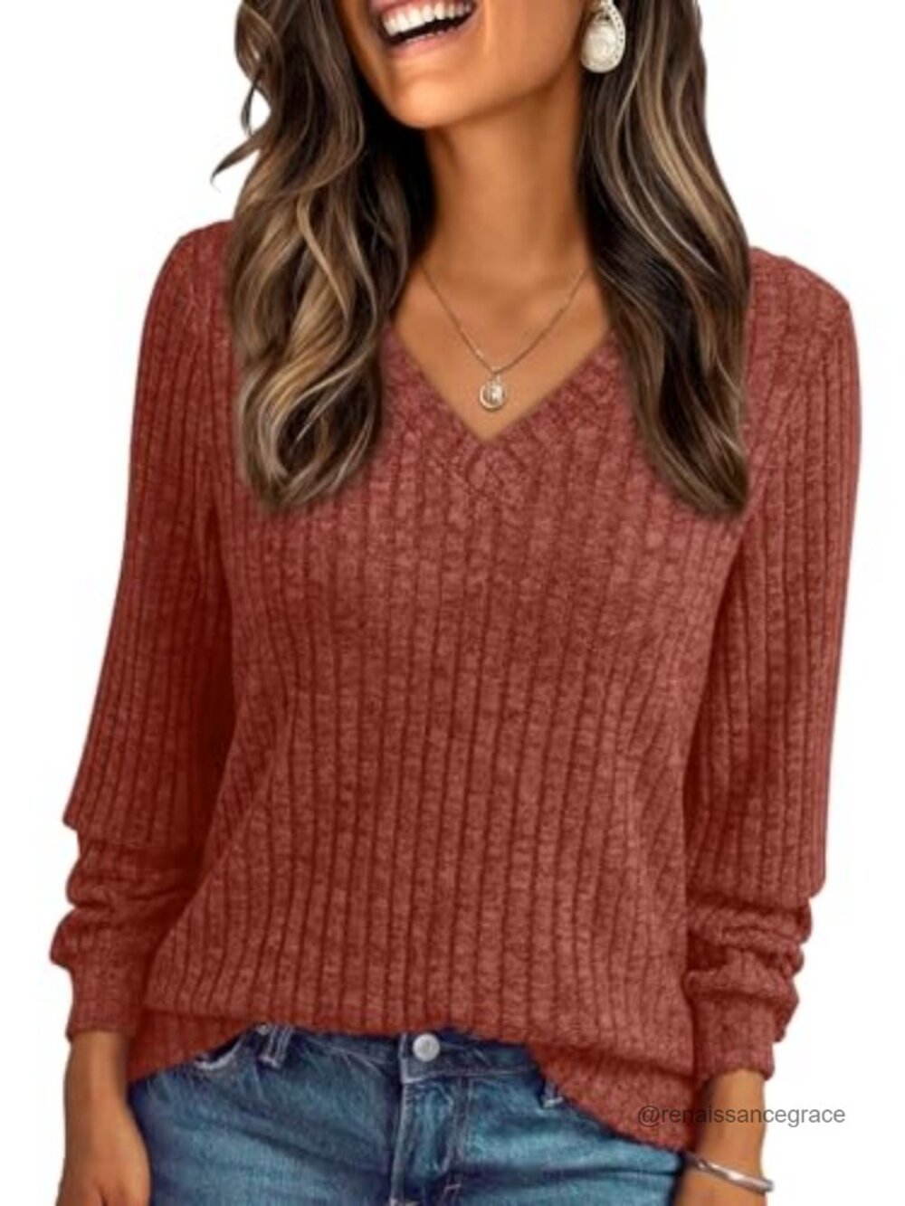 Womens V Neck Long Sleeve Lightweight Sweater Loose Fit Fall Top